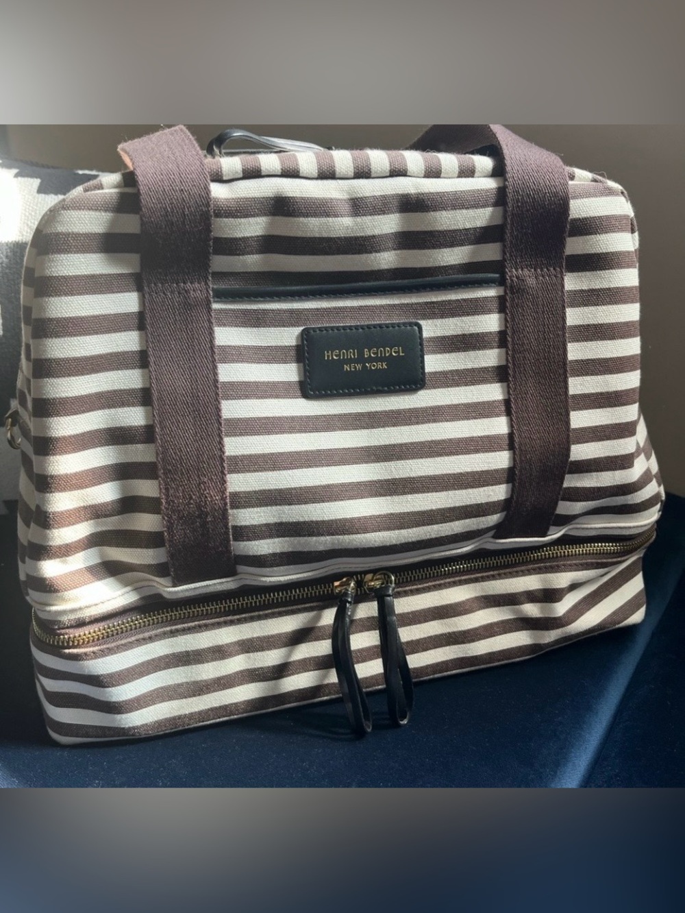Henri Bendel Brown and White Striped ~ Weekender Bag